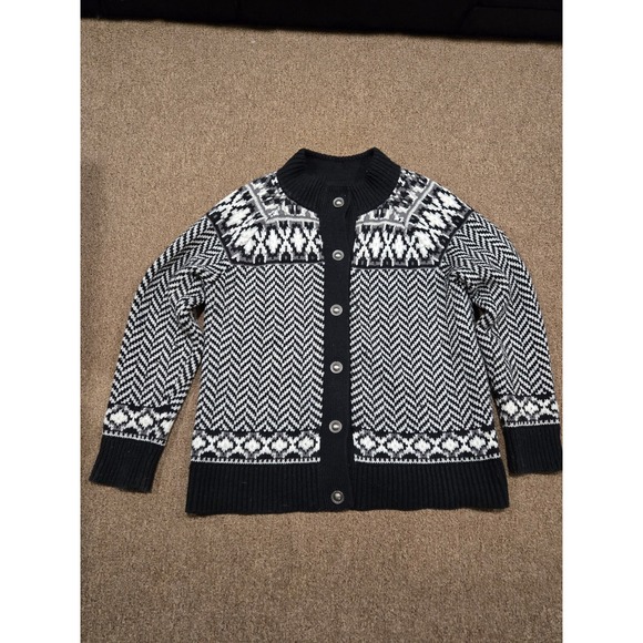 Lands' End Sweaters - Lands End Womens Black White Fair Isle Chevron Cardigan Sweater L 14-16 534405